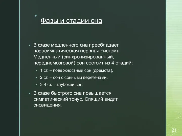 Фазы и стадии сна В фазе медленного сна преобладает парасимпатическая нервная система.