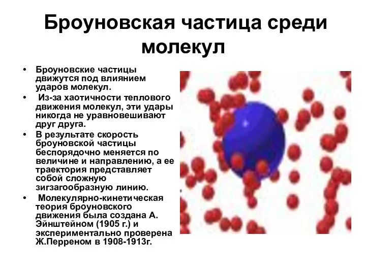 Броуновская частица среди молекул Броуновские частицы движутся под влиянием ударов молекул. Из-за