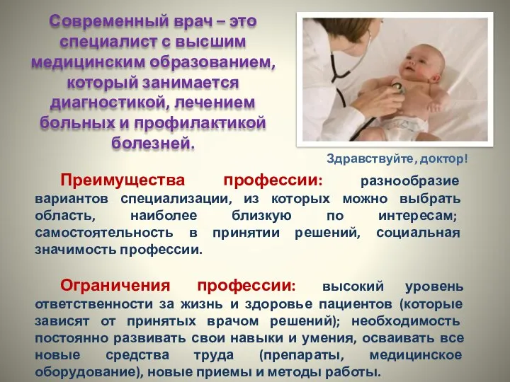 Здравствуйте, доктор! Современный врач – это специалист с высшим медицинским образованием, который