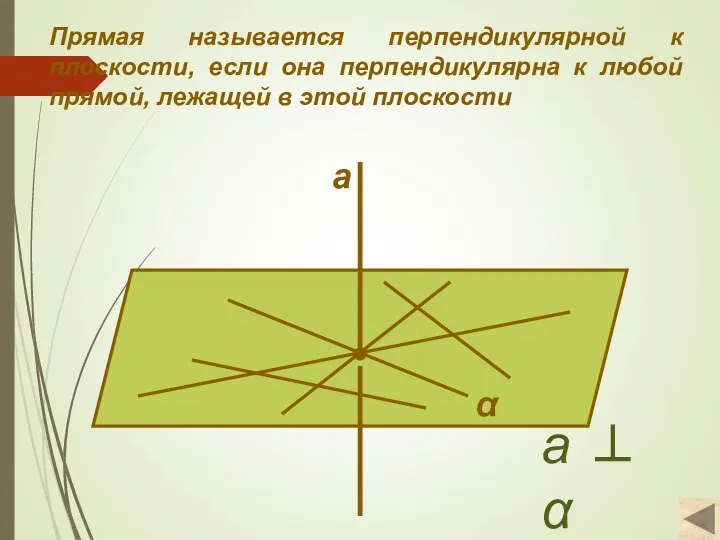 Прямая называется перпендикулярной к плоскости, если она перпендикулярна к любой прямой, лежащей