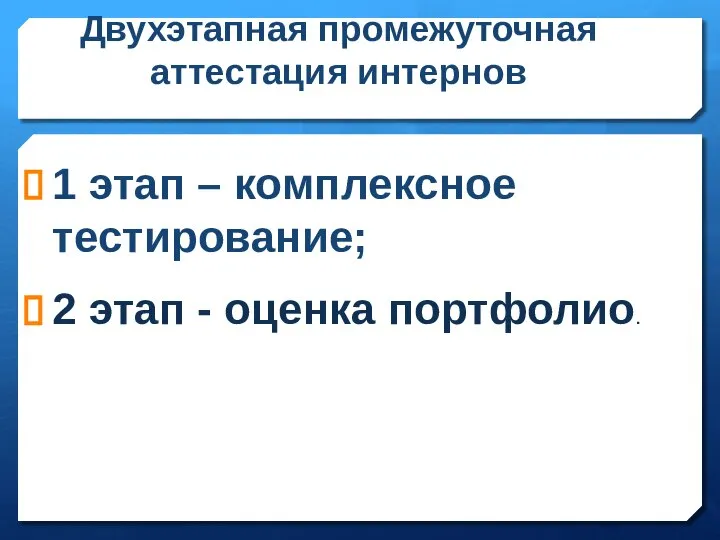 Двухэтапная промежуточная аттестация интернов 1 этап – комплексное тестирование; 2 этап - оценка портфолио.