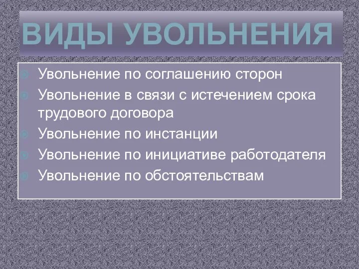 ВИДЫ УВОЛЬНЕНИЯ Увольнение по соглашению сторон Увольнение в связи с истечением срока