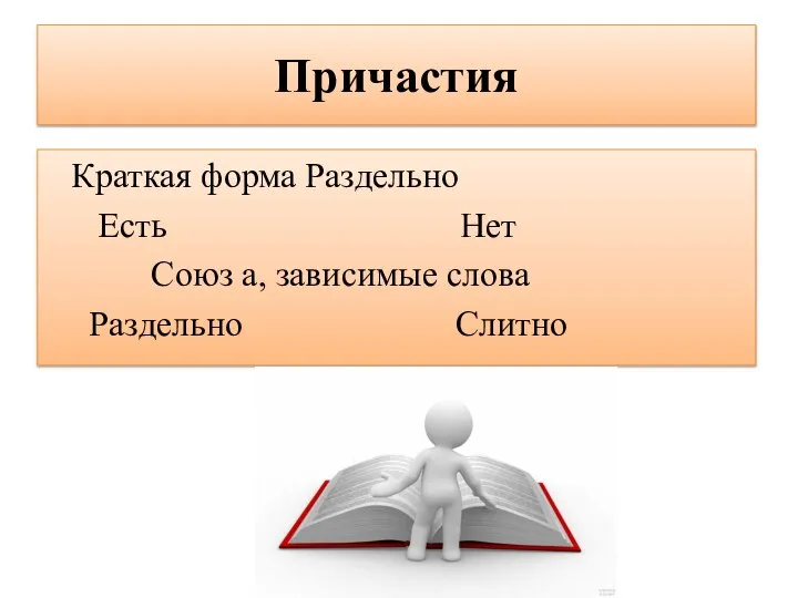 Причастия Краткая форма Раздельно Есть Нет Союз а, зависимые слова Раздельно Слитно