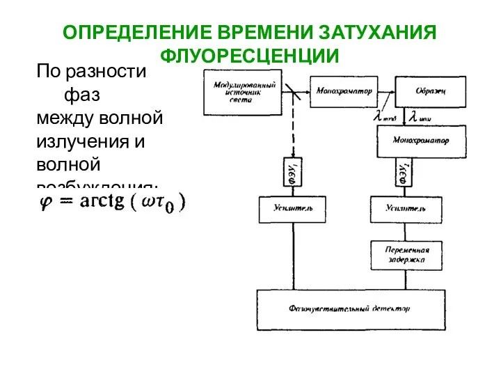 По разности фаз между волной излучения и волной возбуждения: ОПРЕДЕЛЕНИЕ ВРЕМЕНИ ЗАТУХАНИЯ ФЛУОРЕСЦЕНЦИИ