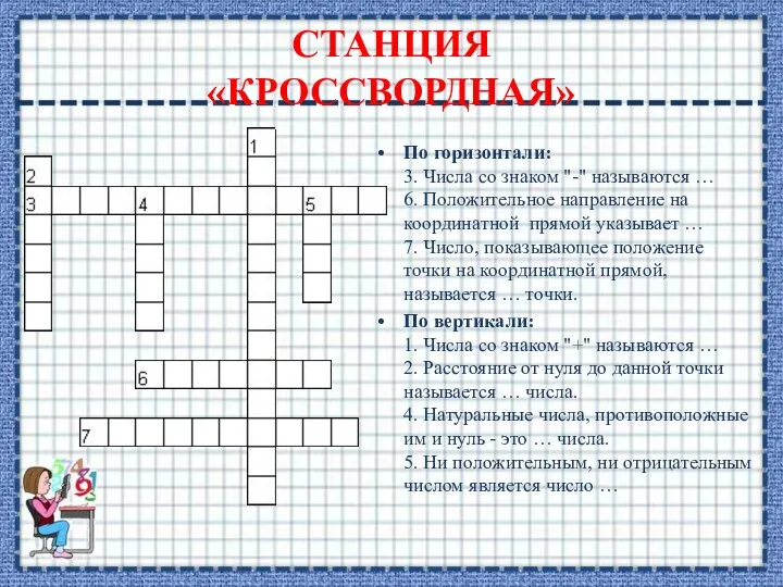 По горизонтали: 3. Числа со знаком "-" называются … 6. Положительное направление