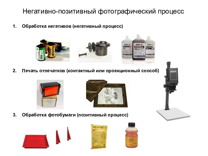 Негативно-позитивный фотографический процесс Обработка негативов (негативный процесс) Печать отпечатков (контактный или проекционный