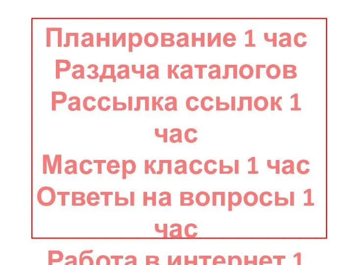 Планирование 1 час Раздача каталогов Рассылка ссылок 1 час Мастер классы 1