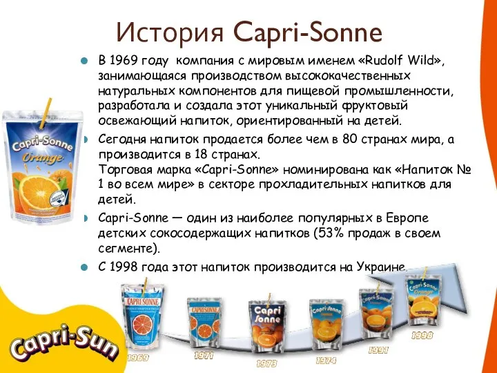 История Capri-Sonne В 1969 году компания с мировым именем «Rudolf Wild», занимающаяся