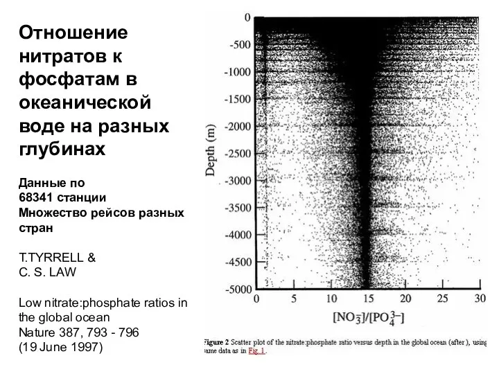 Отношение нитратов к фосфатам в океанической воде на разных глубинах Данные по