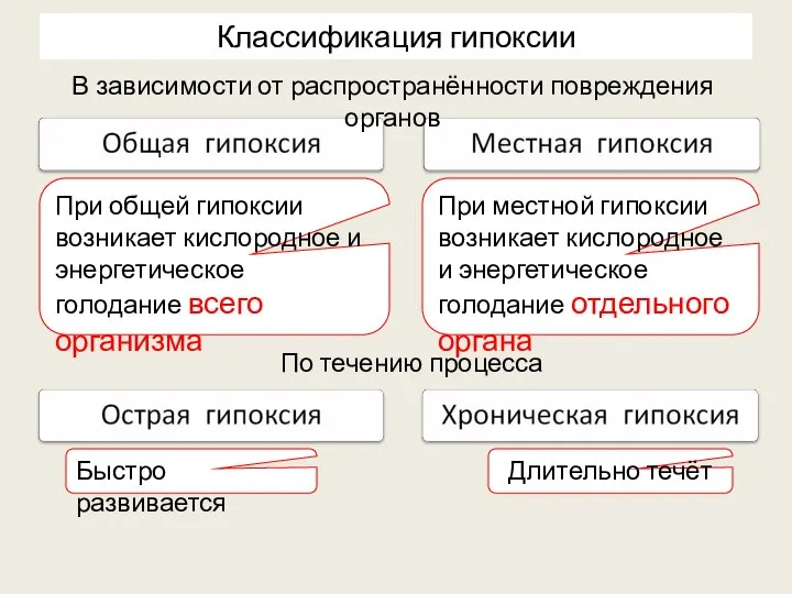 Классификация гипоксии В зависимости от распространённости повреждения органов По течению процесса При