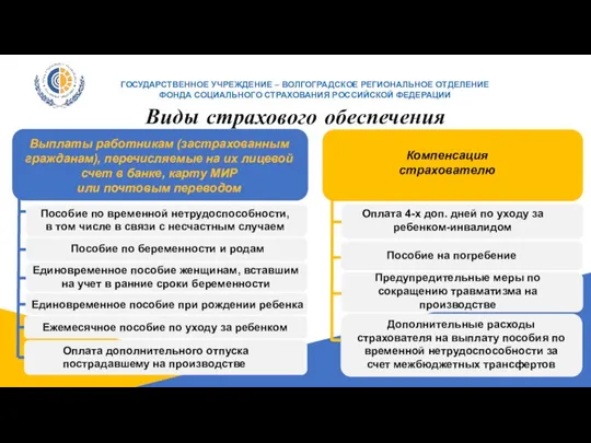 ГОСУДАРСТВЕННОЕ УЧРЕЖДЕНИЕ – ВОЛГОГРАДСКОЕ РЕГИОНАЛЬНОЕ ОТДЕЛЕНИЕ ФОНДА СОЦИАЛЬНОГО СТРАХОВАНИЯ РОССИЙСКОЙ ФЕДЕРАЦИИ Виды