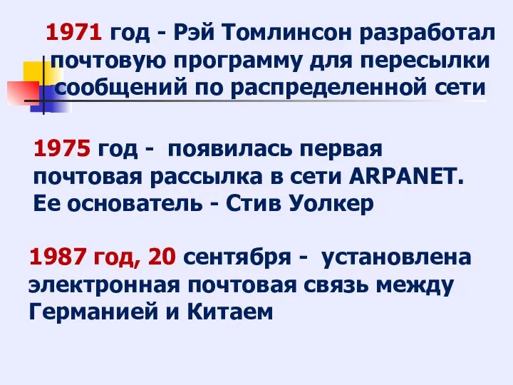 1971 год - Рэй Томлинсон разработал почтовую программу для пересылки сообщений по