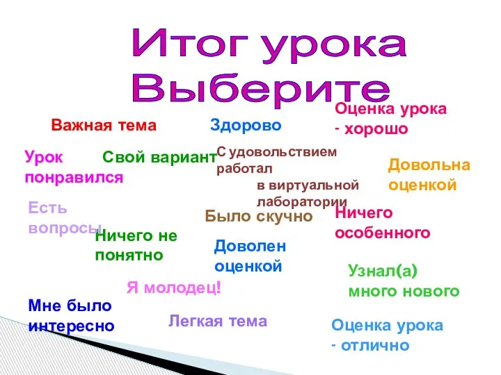 Итог урока Выберите Ничего не понятно Есть вопросы Свой вариант Было скучно