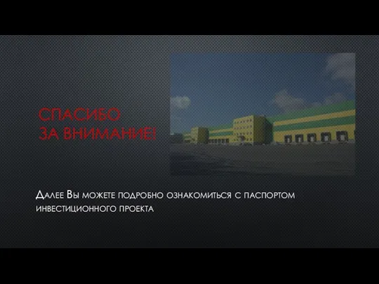 СПАСИБО ЗА ВНИМАНИЕ! Далее Вы можете подробно ознакомиться с паспортом инвестиционного проекта