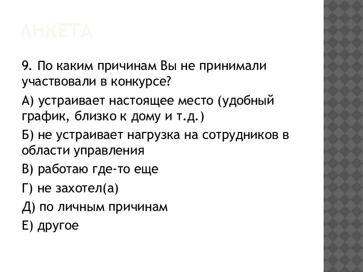 АНКЕТА 9. По каким причинам Вы не принимали участвовали в конкурсе? А)