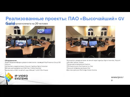Реализованные проекты: ПАО «Высочайший» GV Gold www.ipvs.ru Оборудование Кодек видеоконференцсвязи в комплекте