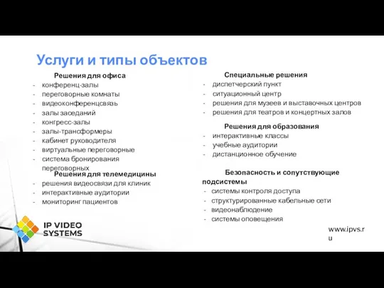 Услуги и типы объектов Решения для офиса конференц-залы переговорные комнаты видеоконференцсвязь залы