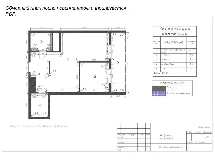 Обмерный план после перепланировки (прилагается PDF)