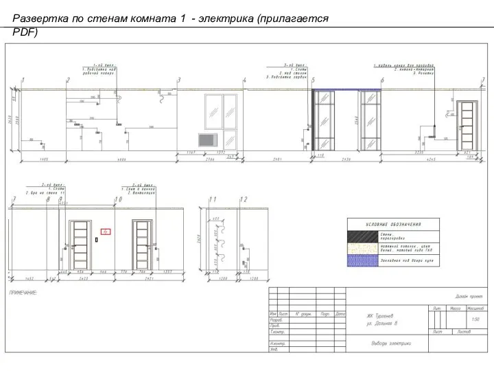 Развертка по стенам комната 1 - электрика (прилагается PDF)