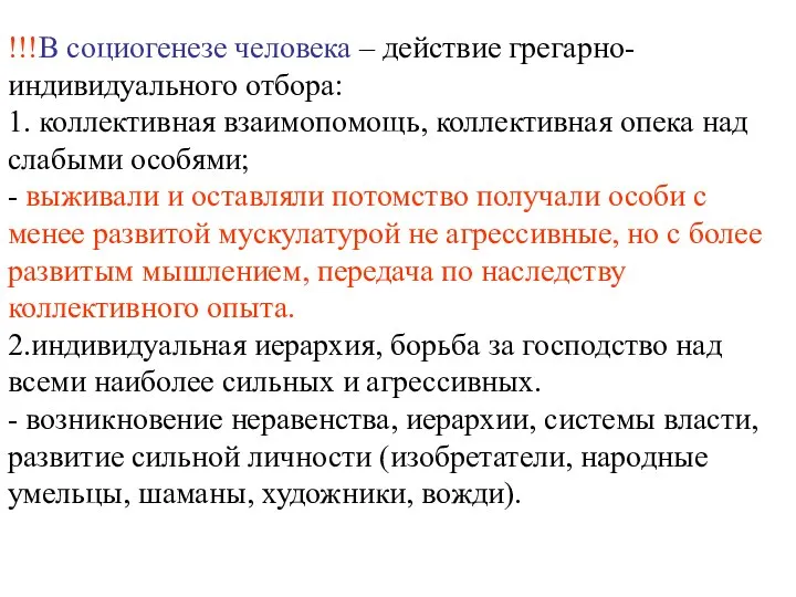 !!!В социогенезе человека – действие грегарно-индивидуального отбора: 1. коллективная взаимопомощь, коллективная опека