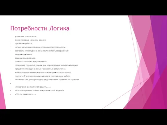 Потребности Логика установка приоритетов; фокусирование на самом важном; признание работы; четкие временные