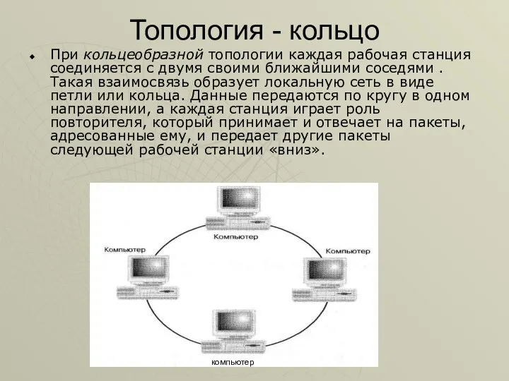 Топология - кольцо При кольцеобразной топологии каждая рабочая станция соединяется с двумя