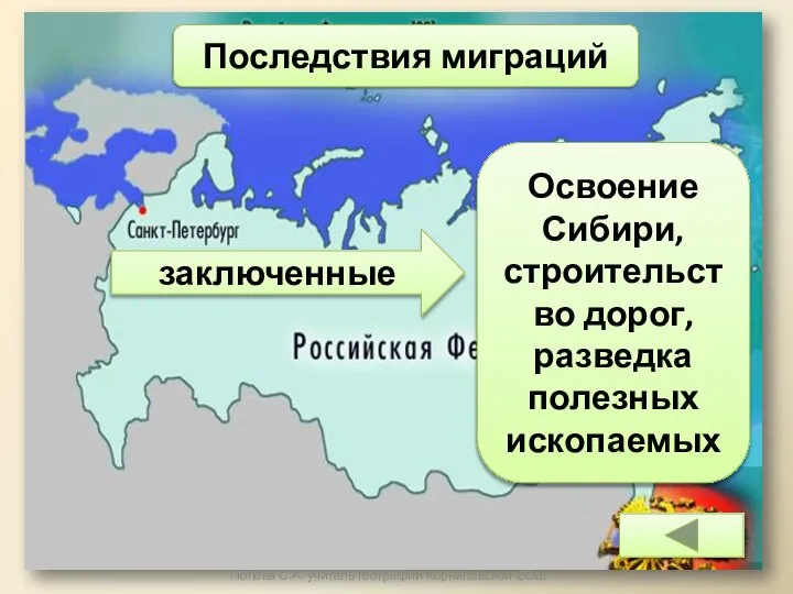 Последствия миграций заключенные Освоение Сибири, строительство дорог, разведка полезных ископаемых Попова С.А. учитель географии Корниловской СОШ