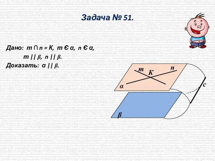 Задача № 51. Дано: т ∩ n = К, т Є α,