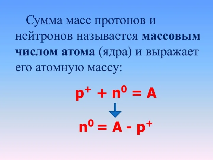Сумма масс протонов и нейтронов называется массовым числом атома (ядра) и выражает