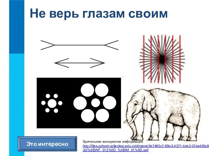 Не верь глазам своим Это интересно Зрительное восприятие информации http://files.school-collection.edu.ru/dlrstore/5d7465c7-89e3-4371-bbb3-07de456c9633/%5BINF_012%5D_%5BIM_01%5D.swf