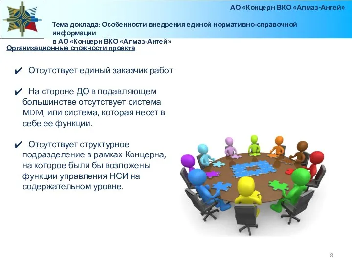 Организационные сложности проекта Тема доклада: Особенности внедрения единой нормативно-справочной информации в АО