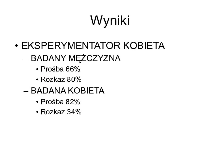 Wyniki EKSPERYMENTATOR KOBIETA BADANY MĘŻCZYZNA Prośba 66% Rozkaz 80% BADANA KOBIETA Prośba 82% Rozkaz 34%