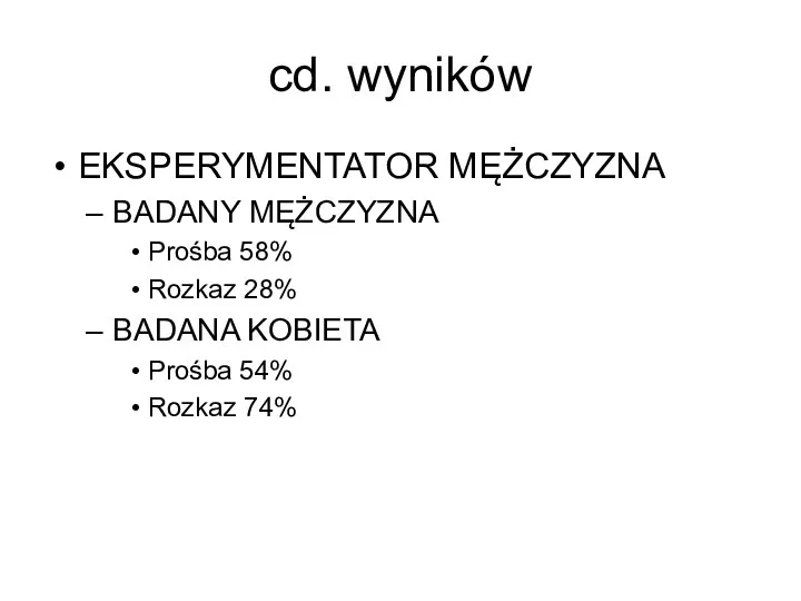 cd. wyników EKSPERYMENTATOR MĘŻCZYZNA BADANY MĘŻCZYZNA Prośba 58% Rozkaz 28% BADANA KOBIETA Prośba 54% Rozkaz 74%