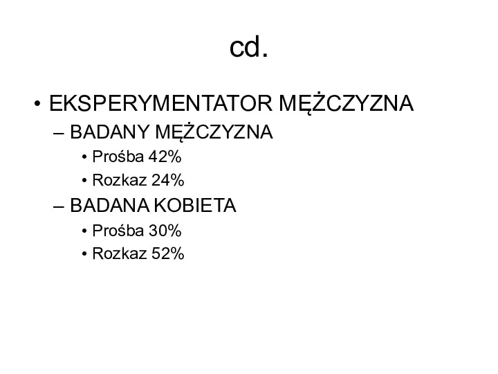 cd. EKSPERYMENTATOR MĘŻCZYZNA BADANY MĘŻCZYZNA Prośba 42% Rozkaz 24% BADANA KOBIETA Prośba 30% Rozkaz 52%