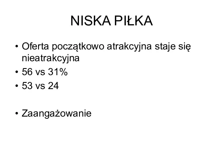 NISKA PIŁKA Oferta początkowo atrakcyjna staje się nieatrakcyjna 56 vs 31% 53 vs 24 Zaangażowanie