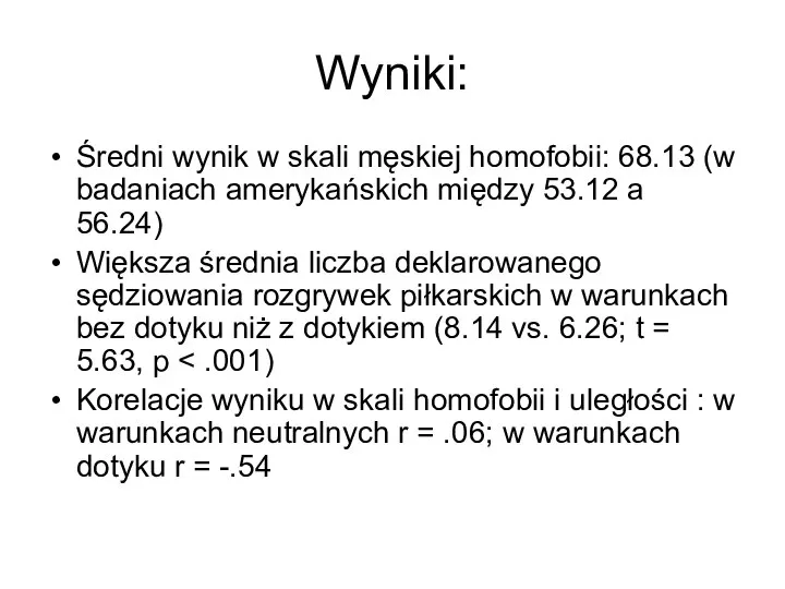 Wyniki: Średni wynik w skali męskiej homofobii: 68.13 (w badaniach amerykańskich między