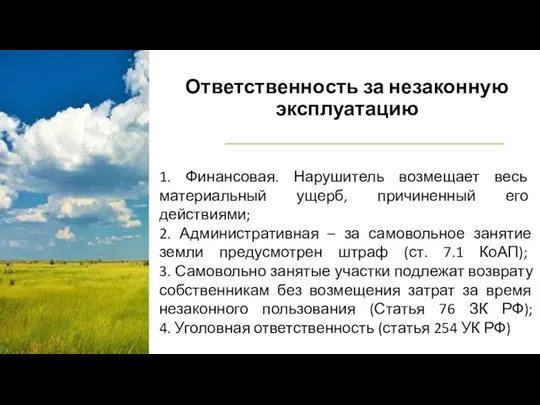 Ответственность за незаконную эксплуатацию 1. Финансовая. Нарушитель возмещает весь материальный ущерб, причиненный