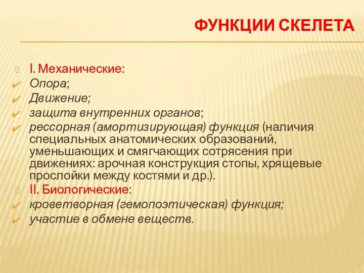 ФУНКЦИИ СКЕЛЕТА I. Механические: Опора; Движение; защита внутренних органов; рессорная (амортизирующая) функция