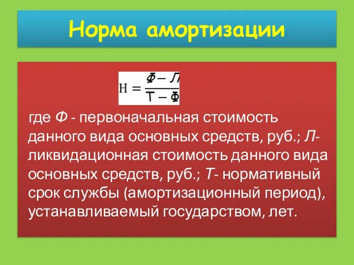 Норма амортизации где Ф - первоначальная стоимость данного вида основных средств, руб.;