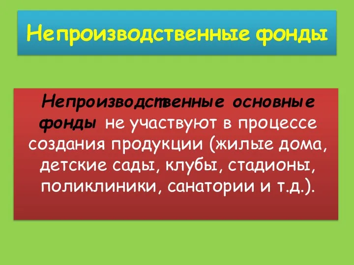 Непроизводственные фонды Непроизводственные основные фонды не участвуют в процессе создания продукции (жилые