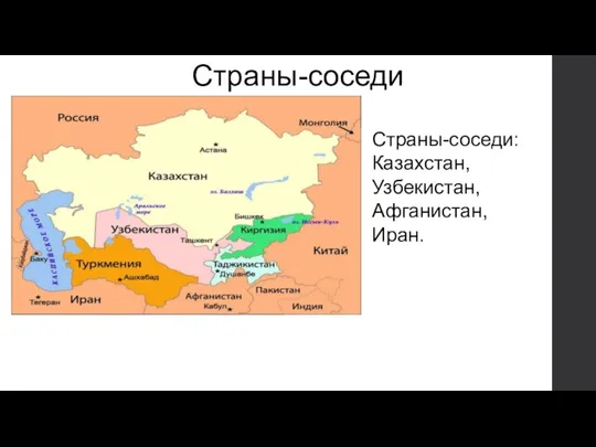 Страны-соседи: Казахстан, Узбекистан, Афганистан, Иран. Страны-соседи