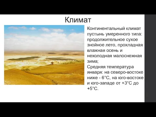 Климат Континентальный климат пустынь умеренного типа: продолжительное сухое знойное лето, прохладная влажная
