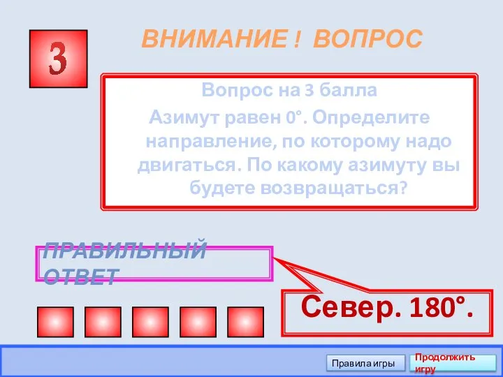 ВНИМАНИЕ ! ВОПРОС Вопрос на 3 балла Азимут равен 0°. Определите направление,