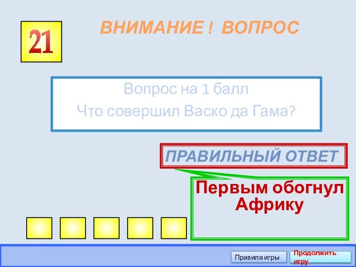 ВНИМАНИЕ ! ВОПРОС Вопрос на 1 балл Что совершил Васко да Гама?