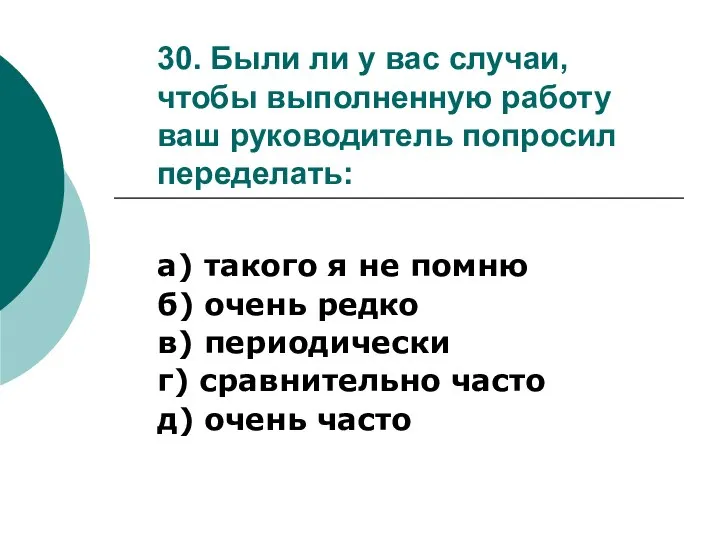 30. Были ли у вас случаи, чтобы выполненную работу ваш руководитель попросил