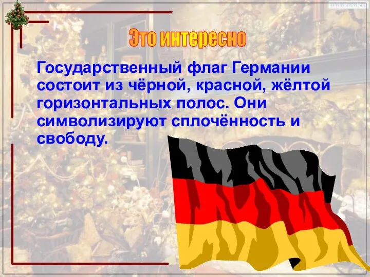 Государственный флаг Германии состоит из чёрной, красной, жёлтой горизонтальных полос. Они символизируют