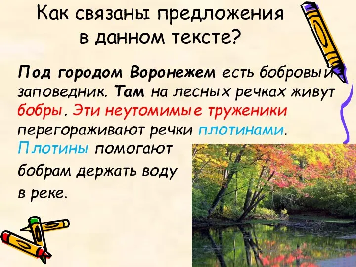 Как связаны предложения в данном тексте? Под городом Воронежем есть бобровый заповедник.