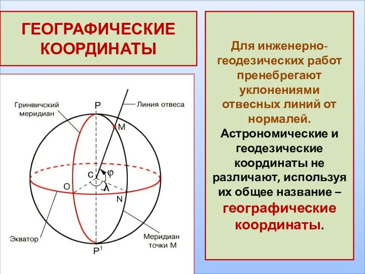 ГЕОГРАФИЧЕСКИЕ КООРДИНАТЫ Для инженерно-геодезических работ пренебрегают уклонениями отвесных линий от нормалей. Астрономические