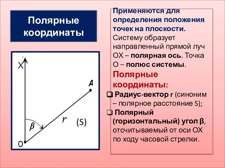 (S) Полярные координаты Применяются для определения положения точек на плоскости. Систему образует