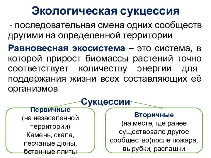 Экологическая сукцессия - последовательная смена одних сообществ другими на определенной территории Равновесная